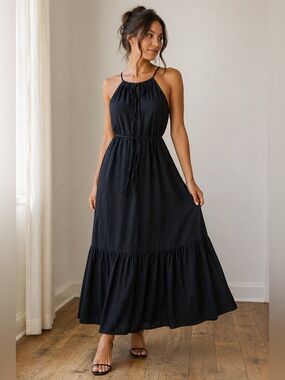 Banana Republic Black Halter Tiered Lined Maxi Dress Front tie and Fabric belt